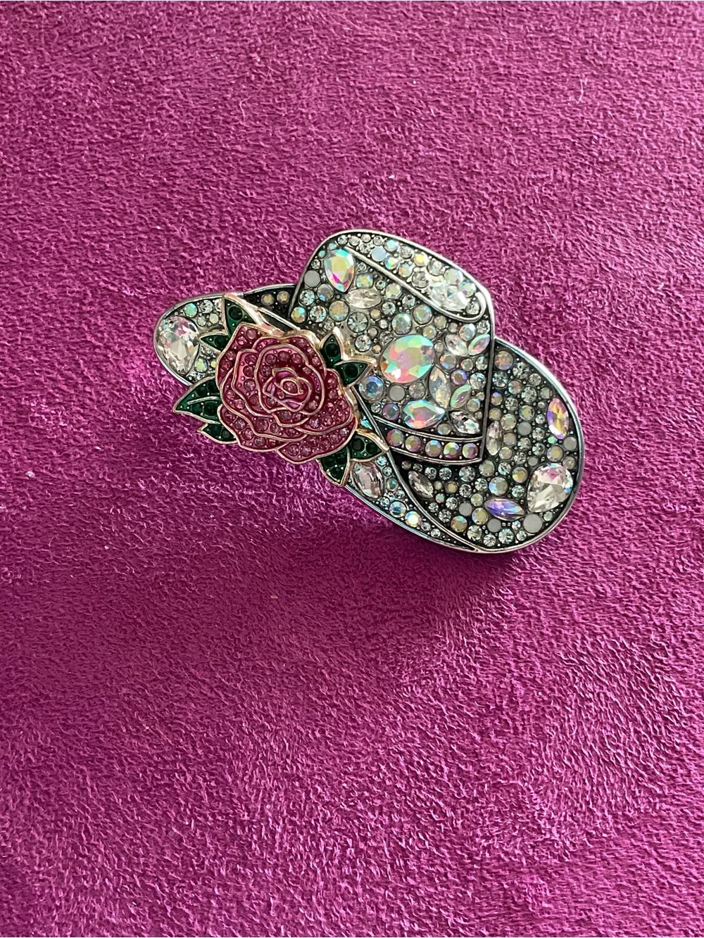 Rhinestone Cowboy Hat Brooch with Pink Rose Accent Pin